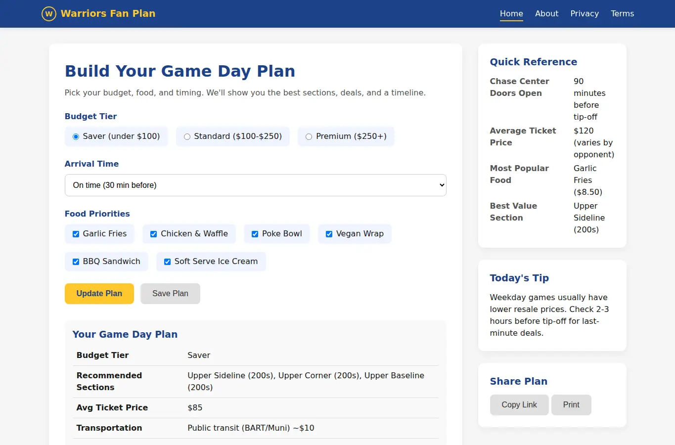 Screenshot of Golden State Warriors Fan Experience Optimizer interface showing the project page in use